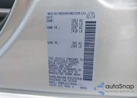2024 Nissan Altima Sv Fwd z USA, uszkodzony, nr VIN 1N4BL4DV1RN392098
